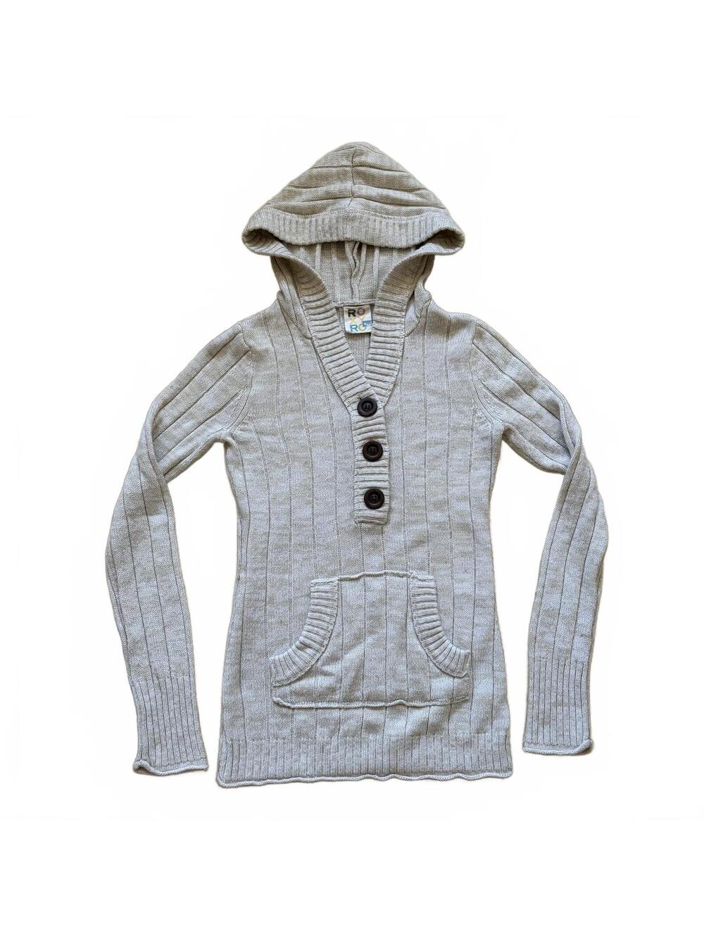 Vintage Y2K Roxy Sweater Hooded Knit Henley Ribbed Cream Women's Size Small